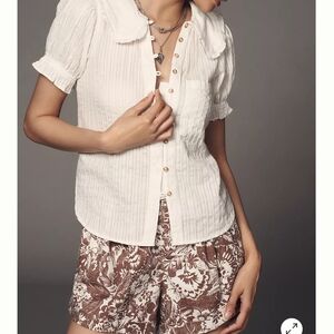 Anthropologie White Ruffled Short Sleeve Blouse